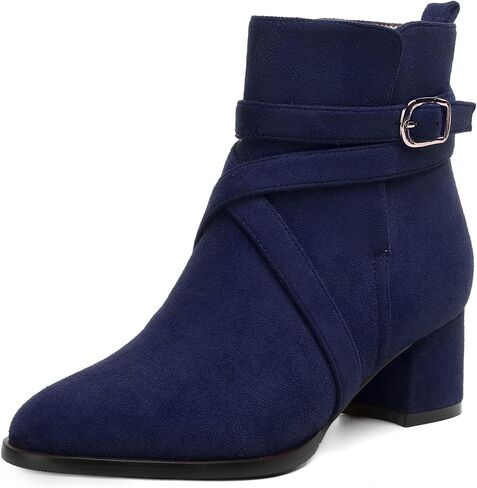 NUMALEO Womens Buckle Outdoor Suede Casual Round Toe Chunky Low Heel Ankle High Boots 2 Inch in Kuwait