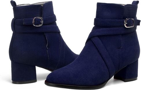 NUMALEO Womens Buckle Outdoor Suede Casual Round Toe Chunky Low Heel Ankle High Boots 2 Inch in Kuwait