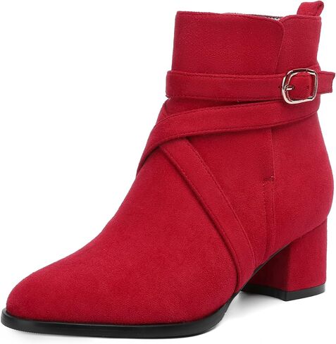 NUMALEO Womens Buckle Outdoor Suede Casual Round Toe Chunky Low Heel Ankle High Boots 2 Inch in Kuwait