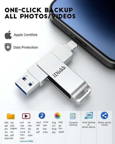 【App-le Certified 1T B】 iDiskk Photo Storage iPhone Flash Drive Photo Stick for iPhone (14/13/12/11 Pro/Plus/Pro Max,13/12 Mini,XR,XS,XS Max,X),Lightning iPad, MacBook/PC External USB Storage in Kuwait