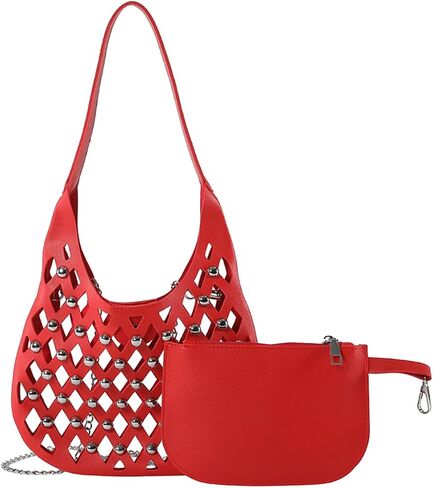 Women's PU Leather Shoulder Bag Punk Rivet Handbag Hollow Crossbody Bag Large Satchel Bag Unique Messenger Bag in Kuwait