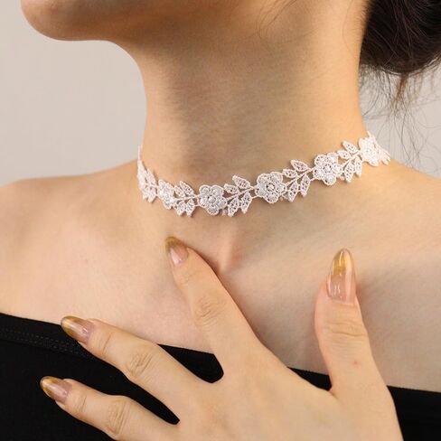 الزفاف الأبيض الدانتيل المختنق جوفاء التطريز الأزهار طوق قلادة واسعة قصيرة مضفر قلادة حفلة موسيقية اكسسوارات الزفاف للنساء والفتيات in Kuwait