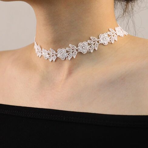 الزفاف الأبيض الدانتيل المختنق جوفاء التطريز الأزهار طوق قلادة واسعة قصيرة مضفر قلادة حفلة موسيقية اكسسوارات الزفاف للنساء والفتيات in Kuwait