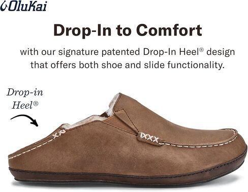 OluKai Moloa Slipper Men's Slippers, Premium Nubuck Leather Slip On Shoes, Shearling Lining & Gel Insert, Drop-In Heel in Kuwait