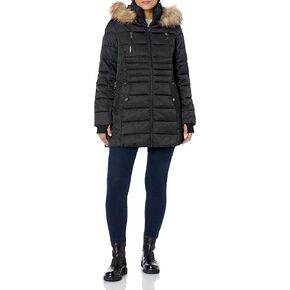 HFX Women's 3/4 Midweight Puffer Jacket Front Button Off Faux Fur Trimmed Hood Zippered Chest Pocket Water Resistant 31" Coat