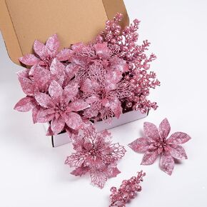 24Pcs Champagne Glitter Poinsettia Christmas Tree Ornaments and Glitter Berries Stems, 16Pcs Christmas Artificial Flowers and 8 Pack Christmas Tree Picks for Wedding Holiday Decorations