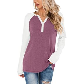 Syellowafter Women Henley Raglan Long Sleeve Color Block Tops Casual Loose Spring Fall Tunic Slouchy Shirts Dressy Blouse in Kuwait
