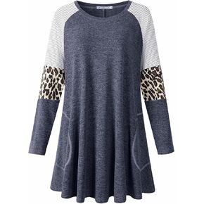 JollieLovin Plus Size Tunic Tops for Women Long Sleeve Crew Neck Swing Tunic Shirts with Pockets Loose Fit Color Block Blouse