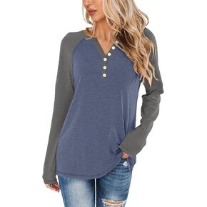 Syellowafter Women Henley Raglan Long Sleeve Color Block Tops Casual Loose Spring Fall Tunic Slouchy Shirts Dressy Blouse