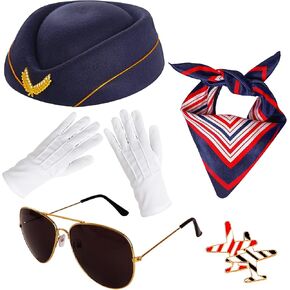 6 Pcs Flight Attendant Costume Accessories Women Airline Stewardess Outfits Flight Attendant Hat Pin Sunglasses Scarf Gloves