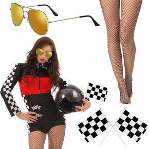 Mepase 4 Pcs Halloween Racer Costume for Women Racing Flag Sunglasses Fishnet Tight Set for Women Halloween Cosplay Accessory
