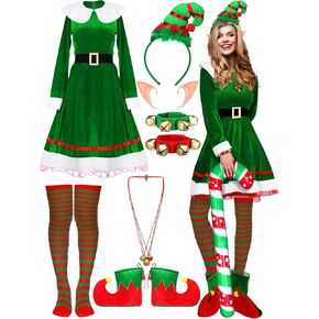 Nuanchu 14 Pcs Christmas Elf Costume Set Women Velvet Dress Belt Striped over Knee High Socks Elf Hat Shoes for Xmas Cosplay