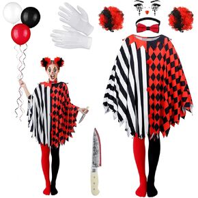 Suhine 13 Pcs Halloween Scary Poncho Clown Costume Accessories for Women Black Red Clown Poncho Costume Sets Clown Wig Tights Face Rhinestone Stickers and Tie for Bloody Halloween Cosplay in Kuwait