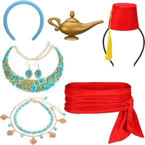 مجموعة إكسسوارات تنكرية للأميرة العربية للهالوين من 7 قطع تتضمن قلادة زرقاء وسوار وحلق ووشاح خصر أحمر وعصابة رأس ومصباح سحري ذهبي لزي الهالوين ومستلزمات الحفلات التنكرية in Kuwait