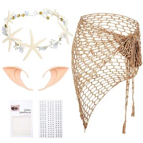 Blosssound 5 Pcs Mermaid Costume Accessories Halloween Cosplay Party Set Mermaid Crochet Skirt Shawl Capelet Shell Pearl Starfish Hair Vine Fairy Elf Ears Face Clear Rhinestone Sticker for Girls Women