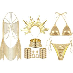 Sureio African Costume for Women Greek Goddess Costumes Accessories Set Gold Full Body Chains Two Piece Swimsuit Crown Headpiece Egypt Choker Bracelet Earrings for Maternity Shoot Cosplay Party