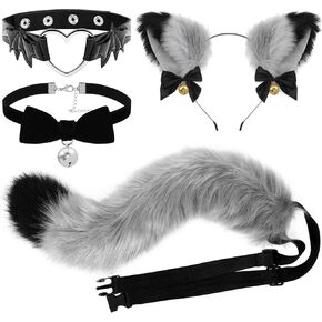 Cat Cosplay Costume Set Cat Ears and Animal Tail Kit, Faux Fur Furry Fox Wolf Tail Kit with Ears and Bells Collar for Anime Fancy Dress Party Halloween Christmas Dress Up Carnival Role Play