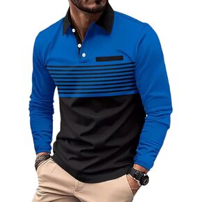 Mens Zipper Polo Golf Shirts Short Sleeve Collar Tennis Shirt Color Block Striped Work T-Shirt