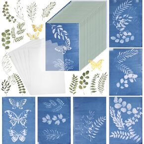 Nezyo 100 Pcs Cyanotype Paper Sun Print Paper Kit with 10 Clear Plastic Sheet Board and Leaf Butterfly Templates Paper Crafts for Adults Sun Sensitive Paper for Arts Crafts DIY(5.83 x 8.27 Inch)