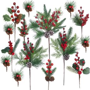 BXHYOLY 20 Pcs Christmas Tree Picks Christmas Floral Picks and Sprays with Red Berry Pinecones for Xmas Decor