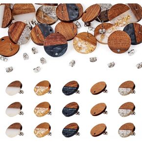 PH PandaHall 30Pcs DIY Walnut Wood Resin Earrings Studs (5 Colors)