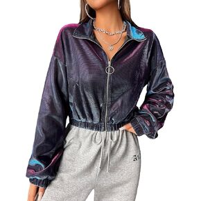 WDIRARA Women's Colorblock Party Jacket Drop Shoulder Long Sleeve Jacket Knitted Zipper Crop Outerwear Streetwear