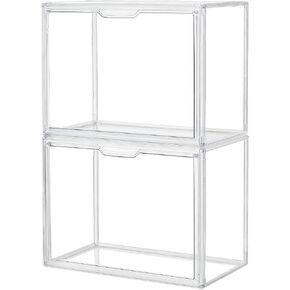 Clear Storage Bins with Lids, 2 Pack Acrylic Display Case with Magnetic Door for Cosmetic Collectibles Large Figures Models, Stackable Acrylic Storage Box for Home Office Living Room Dorm