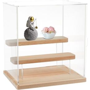 NBEADS 2-Tier Clear Display Case Acrylic Box, 8.6×7×9.25 Inch Wooden Tiered Organizer Case Dustproof Showcase Countertop Display Case for Crafts Show Storage Collectible Mini Action Figure