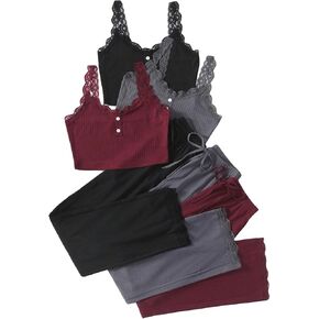 SOLY HUX Women's Pajama Set Lounge Sets 3 Pack PJs Lace Crop Tank Tops and Long Pants Sleepwear