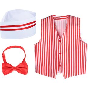 Kyson 1950s Waiter Costume Kit Vintage Carnival Circus Outfit Soda Jerk Ice Cream Hot Dog Man Costume With Hat Vest Bowtie