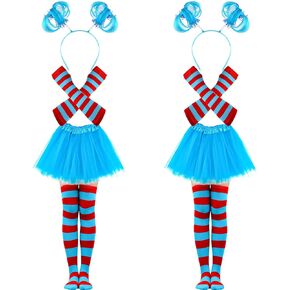 Mototo 8 PCS Tulle Tutu Costume Accessories Set, Blue 3 Layered Tulle Tutu Skirt Striped Socks Headband Gloves For Halloween