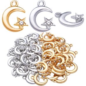 BronaGrand 50pcs Alloy Star Moon Charms Crystal Rhinestone Celestial Crescent Pendants Charms Jewelry Making Accessories for DIY Earrings Bracelet Necklace Crafts Designs, Golden and Silver