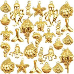 Julie Wang 100grams Gold Sea Ocean Beach Charms Pendants for Summer Jewelry Necklace Earrings Bracelet Making Craft Starfish Shells Mermaid Tail Fish 80-100pcs