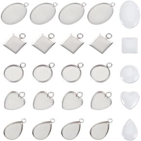 UNICRAFTALE 30 Sets 5 Styles Cabochon Pendant Settings 304 Stainless Steel Blank Bezel Pendant Trays Oval Teardrop Heart Flat Round Square Base Cabochon Charm with Glass Cabochons for Jewelry Making