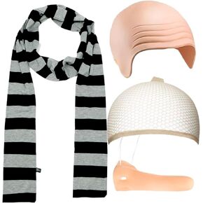4PCS Mens Halloween Costume Accessories Set Latex Bald Wig Hat Fake Nose Black Gray Striped Scarf Movie Cosplay
