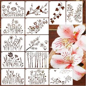 Wildflower Stencils for Painting on Wood, Vine Cherry Blossom Bird Tree Leaf Stencils for Crafts Reusable Wood Burning Drawing Art Paint Stencils and Patterns for Wall Cake Cookie (13 Spring A6)