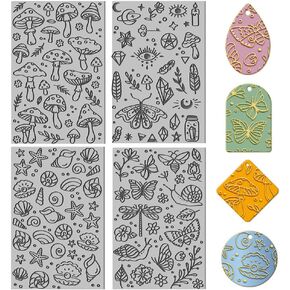 CHGCRAFT 4PCS Polymer Clay Texture Sheets Mushroom Clay Texture Mat Clay Sea Life Butterfly Dragon Pattern Pad Texture Sheets Clay Stamps Tools for Polymer Clay Earrings Jewelry Making, 4x2.6inch