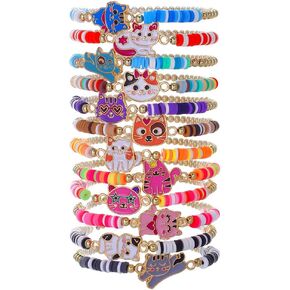 12pcs Friendship Animal Charms Bracelets Cute Dog Cat Unicorn Butterfly Heishi Bracelets Stack Vinyl Clay Disc Bead Stretch Summer Beach Bracelets For Women Girls