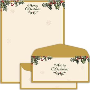 50 Pcs Vintage Christmas Holly Letterhead with Envelopes Christmas Border Computer Stationery paper for Note Letters to Santa Holiday Printer Paper Invitations Office School 8.5 x 11 In