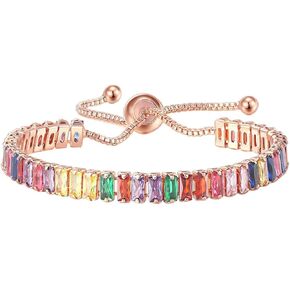 HSQYJ Rainbow Cubic Zirconia Bracelet Adjustable Tennis Bracelets for Women Teen Girls 14K Rose Gold/Silver Plated Hypoallergenic Slider Bracelet Fashion Jewelry Gift