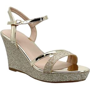 ABSOLEX Women Strappy Open Toe Glitter Chunky Platform Wedge Dress/Party/Wedding Heel Sandal