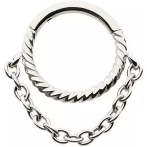 Pierced Owl 16GA 316L Stainless Steel Twisted Design Front Facing Hoop with Dangling Chain Hinged Segment Ring