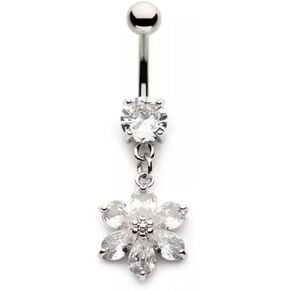 Pierced Owl 14GA 316L Stainless Steel CZ Crystal Six Petal Flower Dangling Belly Button Ring