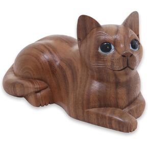 NOVICA Short Haired Cat Wood Sculpture