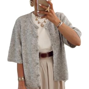 Women Knitted Button Down Short Sleeve Tops Y2K Solid Color Crew Neck Relaxed Sweater Cardigan Going Out Knit Tops