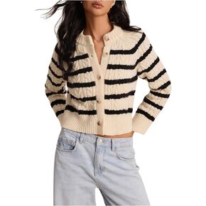 GORGLITTER Women's Striped Sweater Cardigan Crewneck Button Down Long Sleeve Casual Knit Cropped Cardigan 2024 Trendy