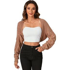 Verdusa Women's Pearl Beaded Textured Open Front Knit Shrug Long Sleeve Cropped Cardigan