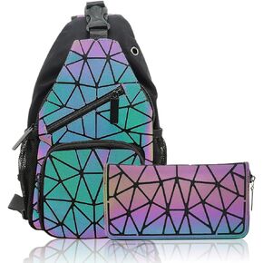Geometric chest bag Geometries Glow Backpack Geometrical Luminous Bag Holographic Travel Bags Retro Daypack for Casual, College, Work Set-H