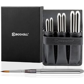 Escoda Chronos Series Professional Artist Watercolor Travel Brush Set with Synthetic Leather Wallet, 6 Round Travel Brushes, Synthetic Fiber Mix