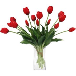 15 Pcs Deep Pink Artificial Flowers Tulips Real Touch Latex Plastic Soft Faux Bouquets for Party, Wedding, Home, Room, Garden Decor